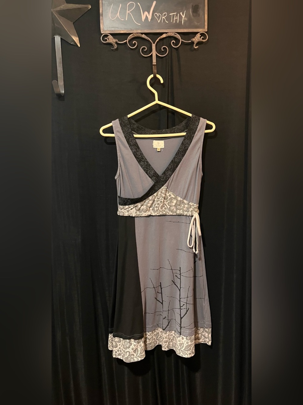ARK Wrap Midi Dress | Black & Grey Abstract Print | Size Medium | Boho Chic